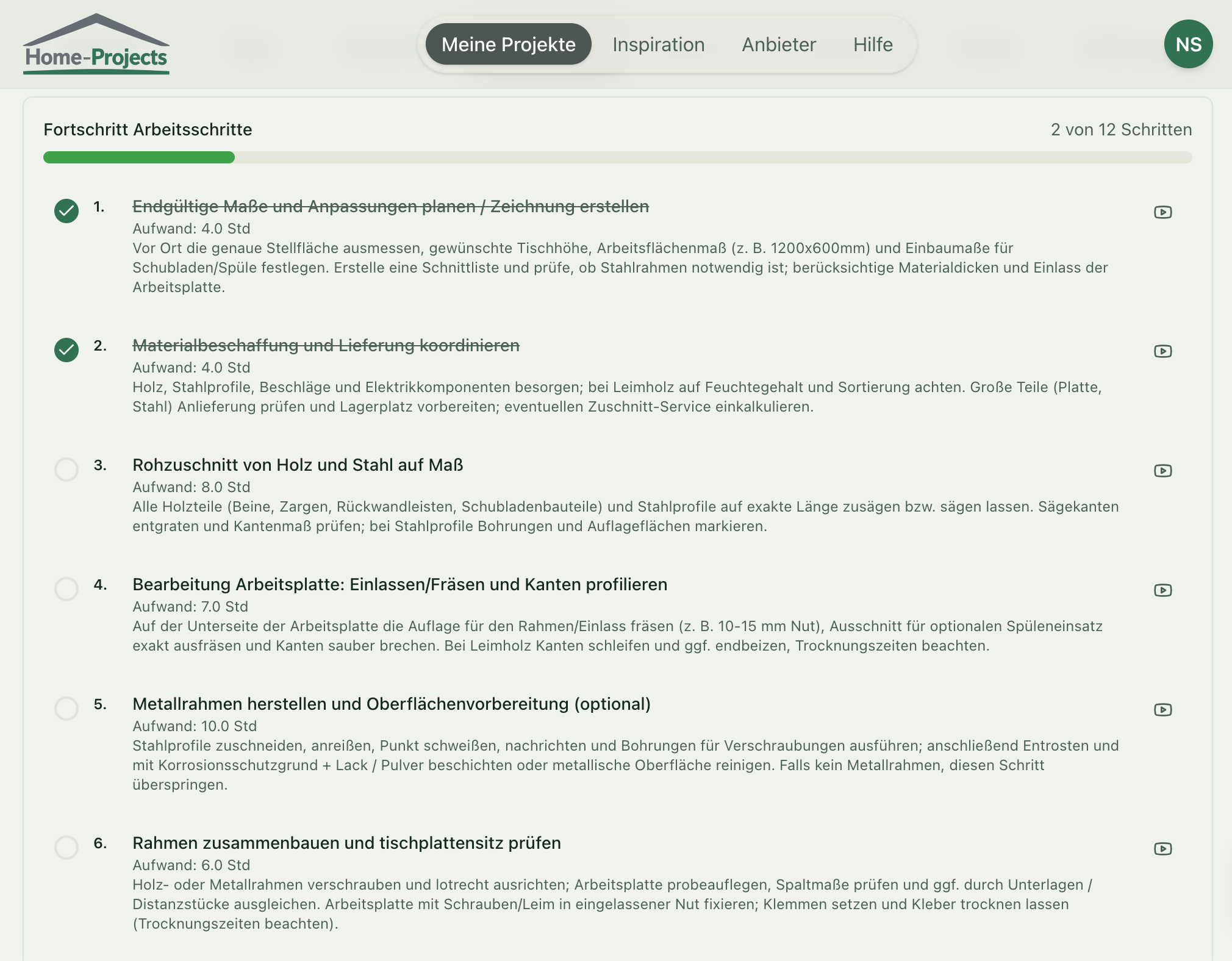 Screenshot eines kleinen Holzprojekts mit Zuschnitt, Materialliste und Arbeitsschritten