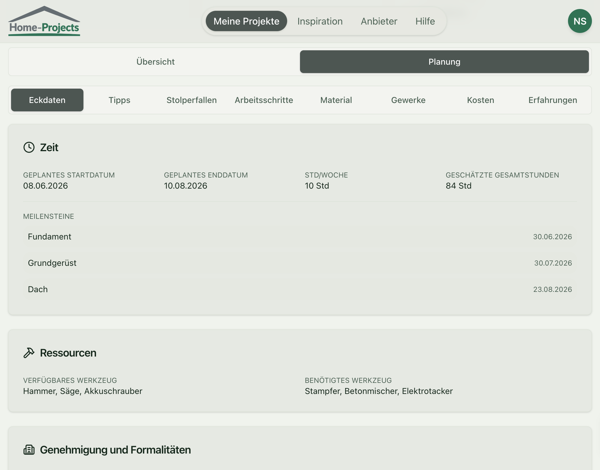 Screenshot eines Renovierungs-Dashboards mit Räumen, Aufgabenstatus und Budgetübersicht