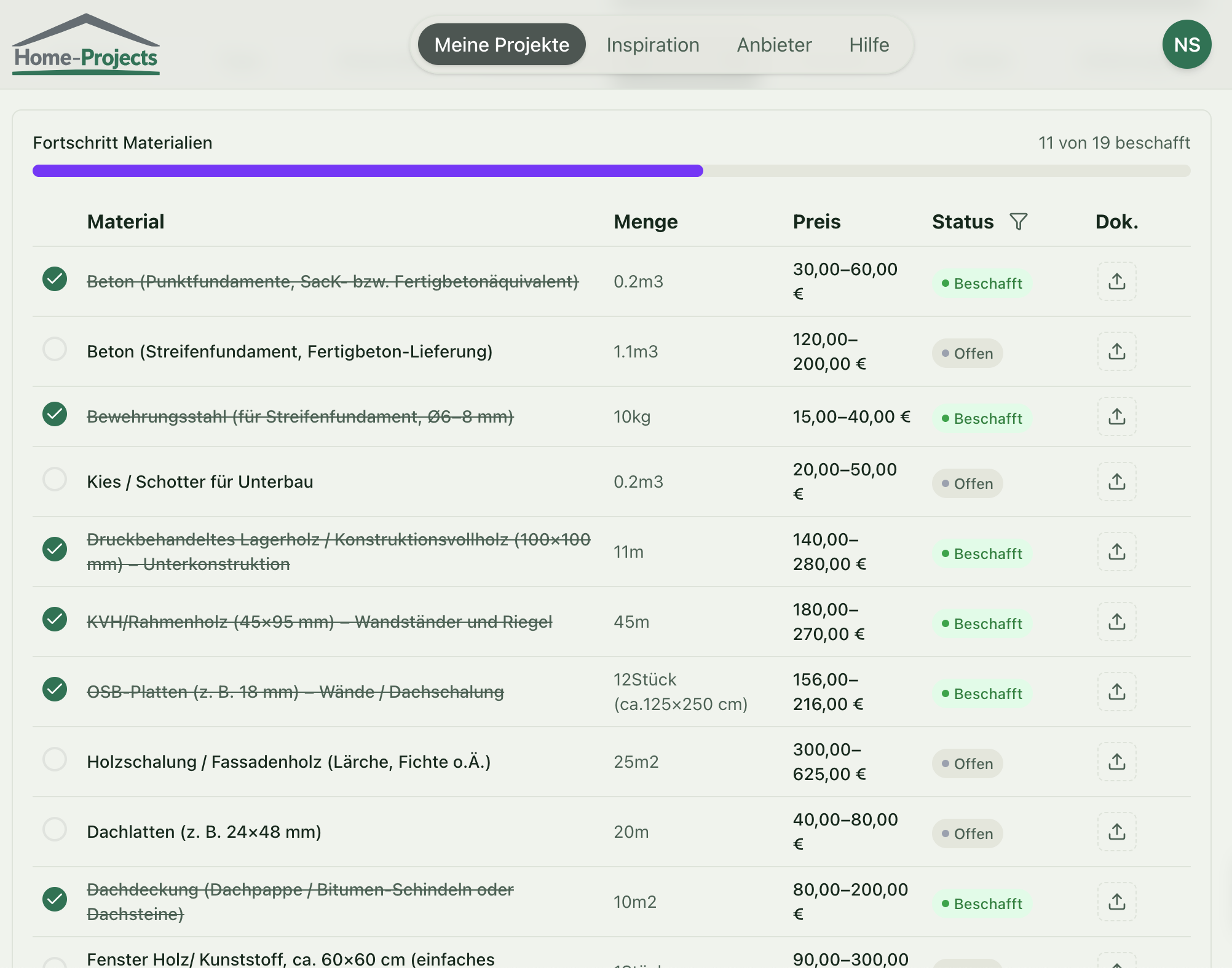 Screenshot einer Materialliste mit Mengen, Status, Bezugsquelle und Kosten
