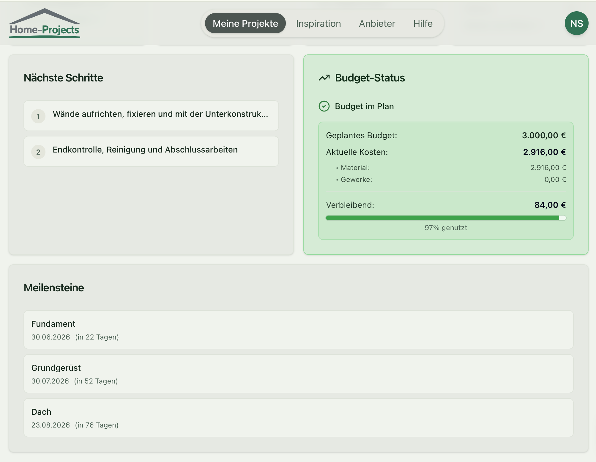 Screenshot eines Gesamtprojekts mit Etappen, Zuständigkeiten und Budgetübersicht