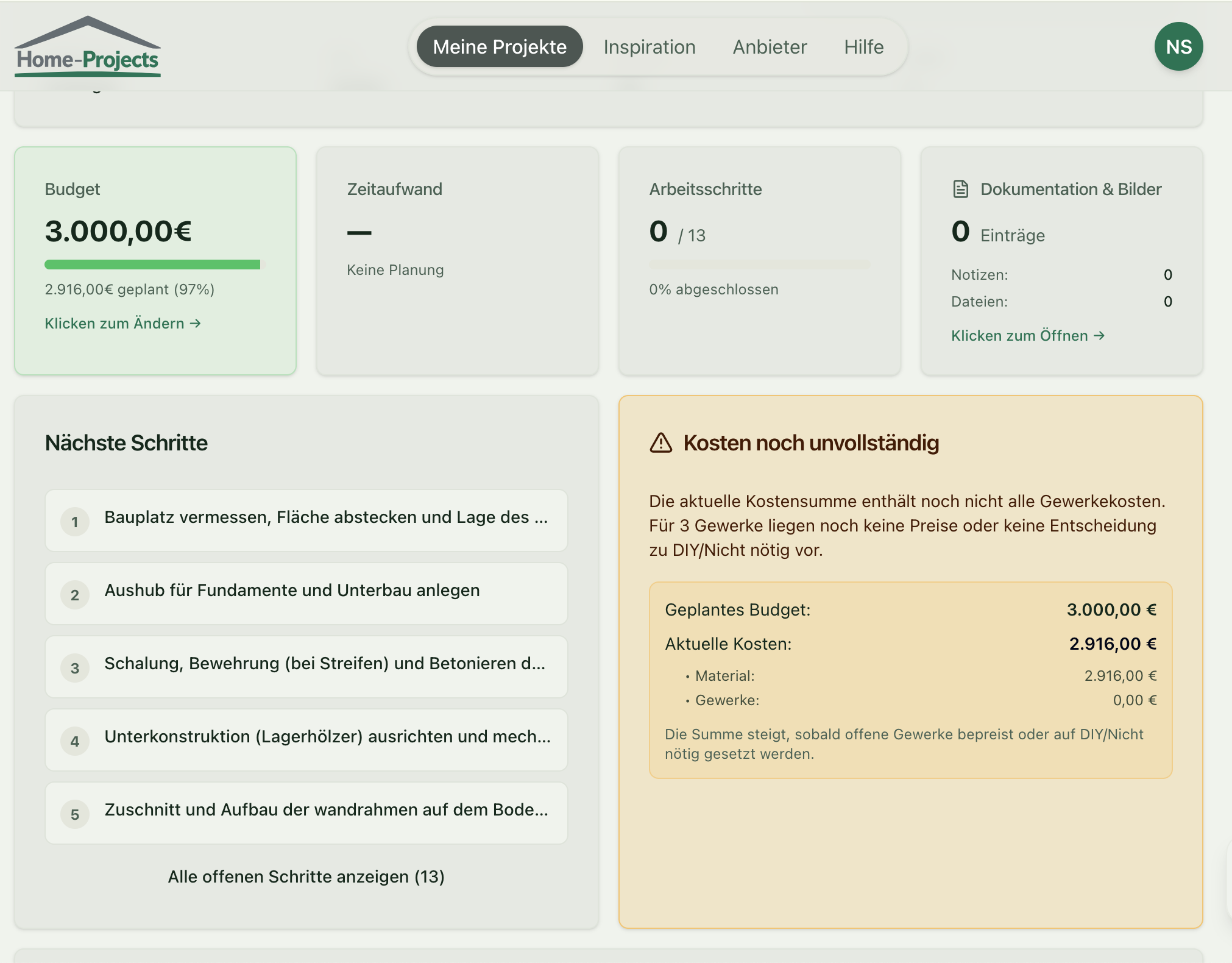 Screenshot eines Gartenhaus-Projekts mit Fundament-, Liefer- und Genehmigungsaufgaben