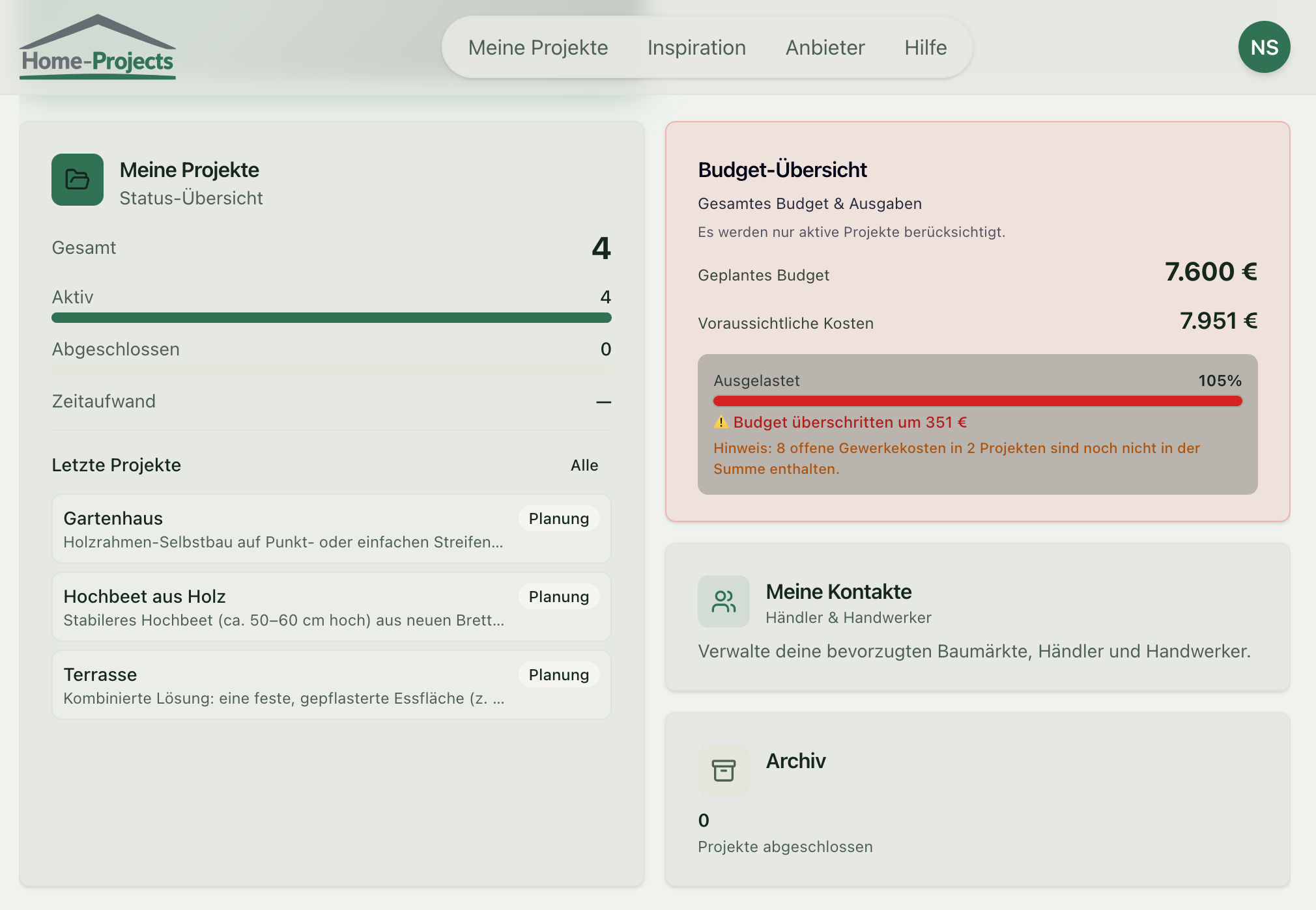Screenshot mit Kostenabweichungen oder Budgetwarnung innerhalb eines Projekts