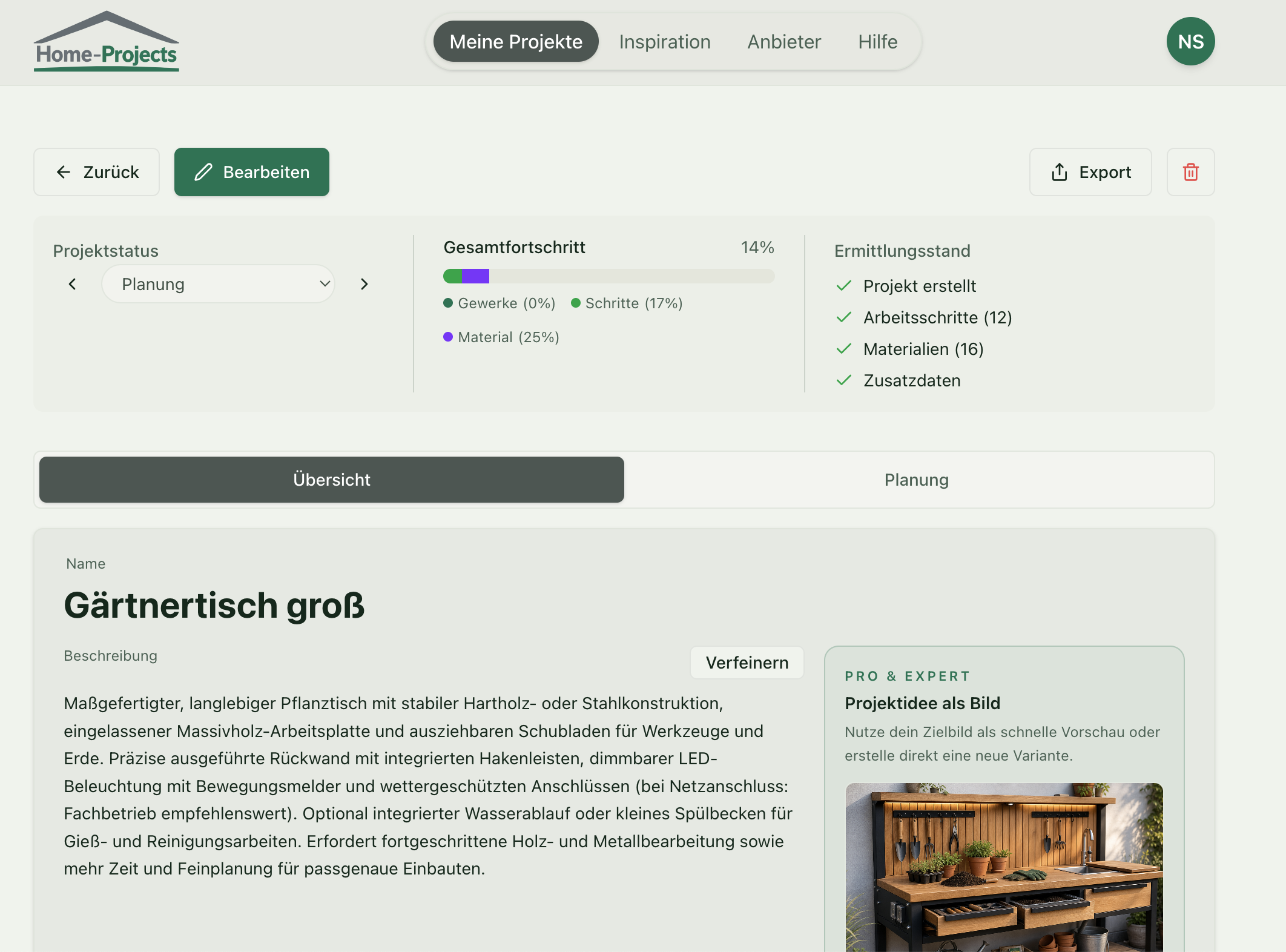 Projektübersicht in Home-Projects mit Aufgaben, Materialien und Budget